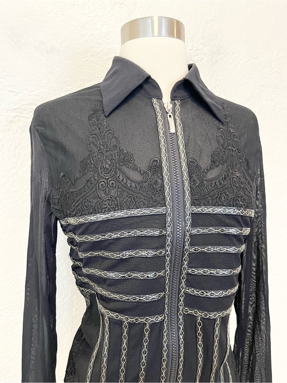 Vintage Layered Mesh Lace Sheer Top Black 90s Y2K Goth Large L
